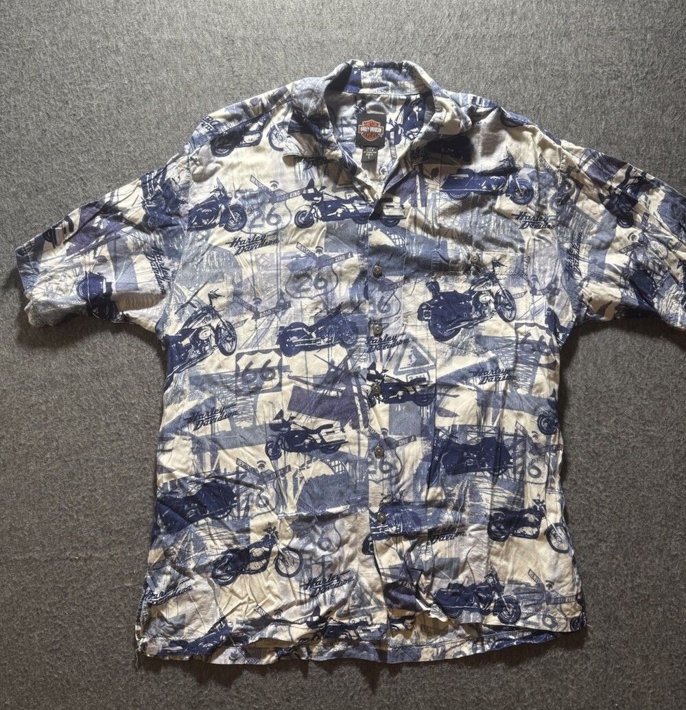 Harley-Davidson Men's Motorcycle Print Shirt - Blue and Cream Size Large